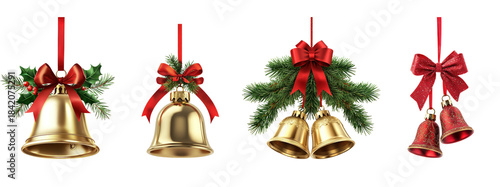 Collection of Christmas decorations with bells and ribbons.