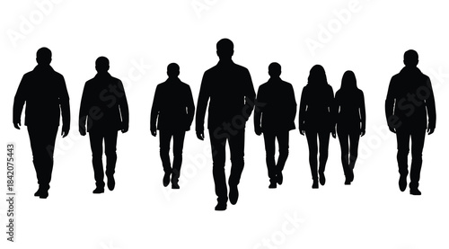 Black silhouette illustration of nine individuals walking forward in varied postures – ideal for visuals symbolizing unity, diversity, teamwork, social movement, and human figure design in urban or co
