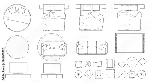 Top-down schematic symbols of beds, sofas, tables, screens, and accessories – ideal for architectural plans, interior design layouts, furniture arrangement, and space planning in residential or commer
