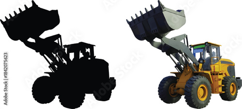 Vector illustration of excavator shovel bulldozer and tractor 