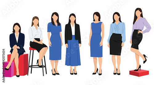Illustration of seven women in professional attire, standing or seated with varied outfits and poses – ideal for workplace fashion, office diversity visuals, and business-themed design or representati