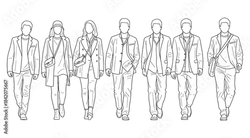 Black-and-white line drawing of seven casually dressed individuals walking forward in a row – ideal for urban fashion visuals, movement studies, city lifestyle illustrations, and minimal character des