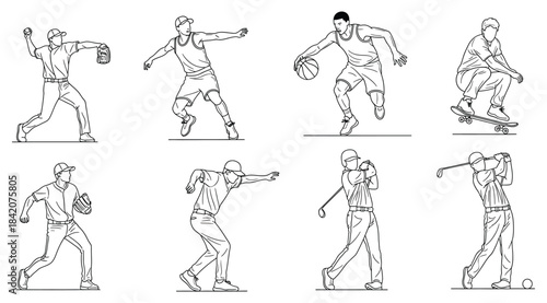 Black-and-white line illustrations of eight individuals performing sports actions like baseball, soccer, basketball, tennis, and skateboarding – ideal for athletic visuals, motion studies, and sports 