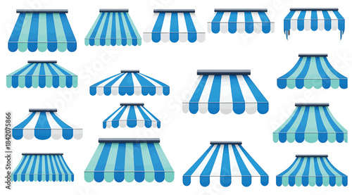Collection of fifteen blue-and-white striped awning illustrations with varied scalloped edges and shapes – ideal for architectural visualization, storefront design, outdoor decor planning, and style r