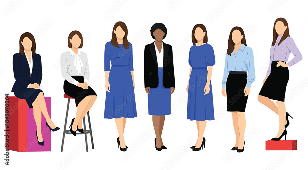 Obraz premium Illustration of seven women in professional outfits posed standing or seated on blocks and stools – ideal for workplace fashion visuals, business diversity themes, and office attire design references.