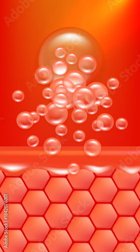 Hyaluronic acid and Niacinamide skin solutions ad, red collagen serum drops into skin cell with cosmetic advertising background ready to use, illustration vector.