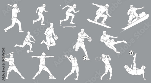 Silhouette illustration of fifteen athletes in dynamic poses representing sports like running, skiing, soccer, basketball, tennis, and martial arts – ideal for athletic visuals, motion design, and spo