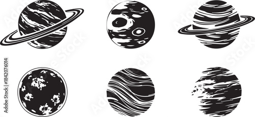 Set of Black and White Textured Planet Vector Icons with Rings, isolated for design
