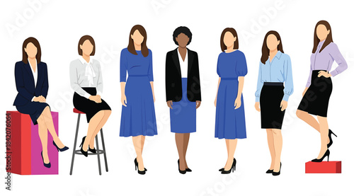 Illustration of seven women in professional outfits posed standing or seated on blocks and stools – ideal for workplace fashion visuals, business diversity themes, and office attire design references.