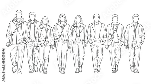 Black-and-white line drawing of eight casually dressed individuals standing side by side with bags – ideal for youth fashion visuals, group identity concepts, urban lifestyle illustrations, and minima