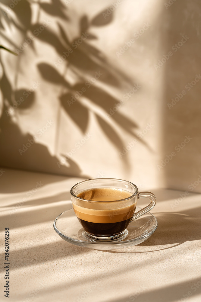 Obraz premium Glass Espresso Cup with Botanical Shadows in Warm Sunlight 