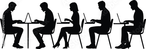 Anonymous silhouettes of five diverse individuals sitting at separate desks, intently working on their laptops, symbolizing concentration, remote work, and technology.