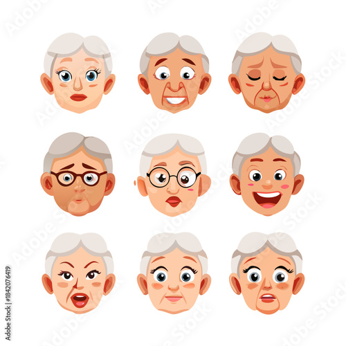 Old woman face constructor set isolated on white background. Vector cartoon illustration of elderly female avatar creation kit, collection of eyes, sad and smiling lips, eyebrows, different ... See Mo