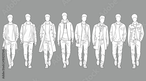 Grayscale illustration of eight male figures walking forward in varied casual and semi-formal outfits – ideal for fashion design references, menswear concept art, silhouette studies, and urban style v