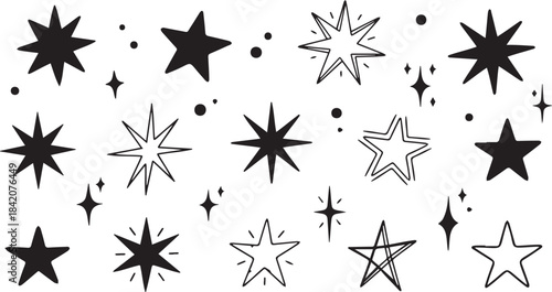 Black and White Stars with Various Shapes and Sizes on White Background