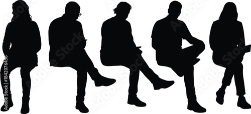 Collection of diverse adult people silhouettes sitting, reading, and relaxing on an edge or the floor in various casual vector poses, isolated set.