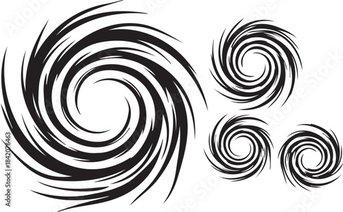 Set of black abstract spiral speed lines vector graphics isolated on white