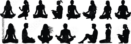 Multiple anonymous silhouettes of diverse people meditating and practicing yoga in various seated poses, symbolizing wellness, relaxation, spirituality, and fitness.