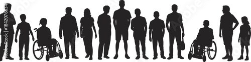Large, diverse group of anonymous people standing together, prominently featuring two individuals in wheelchairs, symbolizing community, inclusion, and equality.