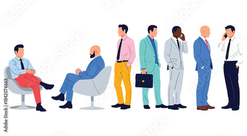 Illustration of seven men in business attire posed standing and seated in modern chairs – ideal for corporate visuals, job interview themes, workplace diversity, and professional interaction design re