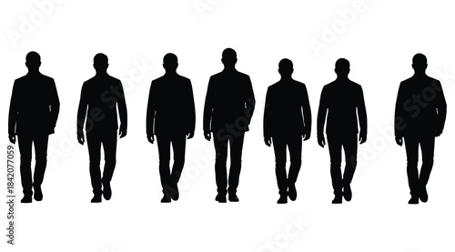 Black silhouette illustration of seven individuals in formal suits standing in a row facing forward – ideal for visuals representing conformity, group identity, professionalism, and minimalist charact