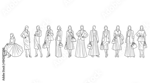 Line drawing sequence of thirteen women illustrating the evolution of fashion styles across historical periods – ideal for costume design references, fashion history visuals, and cultural style studie