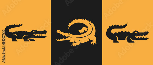 Crocodile vector logos arranged in a triptych on a contrasting black and orange background