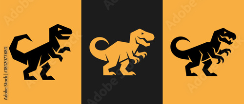 Three stylized dinosaur silhouettes in bold orange and black color scheme