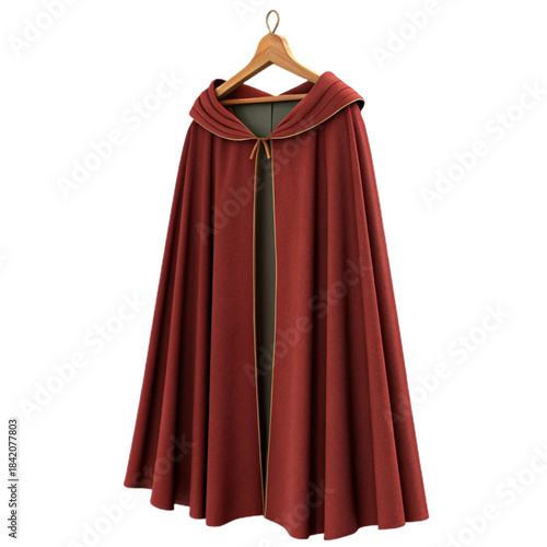 Elegant red hooded cloak draped on a wooden hanger, perfect for fantasy, cosplay, or historical themes with a rich, luxurious feel and dramatic flair