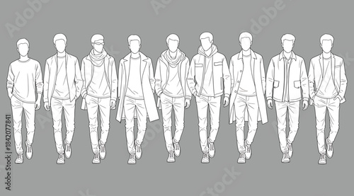 Monochromatic illustration of nine male figures in varied modern casual outfits – ideal for menswear concept art, fashion design references, character modeling, and urban style visualization.
