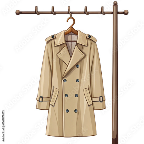 Elegant trench coat hanging on a rack, ready for a stylish rainy day, perfect for fashion illustrations, apparel design, and creating eye-catching marketing materials