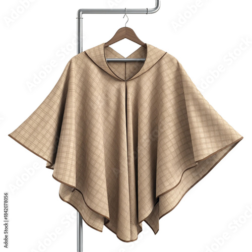 Elegant beige plaid poncho, a stylish and comfortable outerwear choice for cool weather, perfect for adding a touch of sophistication to any outfit