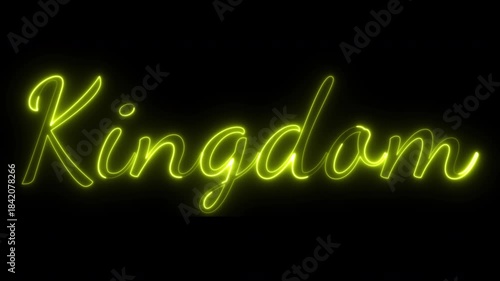 Neon sign spelling 'Kingdom' glowing brightly against a dark background, creating a vibrant atmosphere