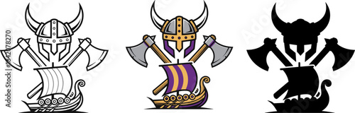 Viking Helmet, Axes, and Longship Logo Design in Outline, Color, and Silhouette Styles.