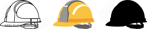 Construction Safety Hard Hat in Outline, Color, and Silhouette Vector Icon.