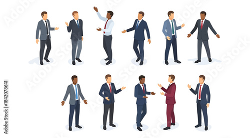 Collection of Ten Diverse Isometric Illustrations of Businessmen in Suits Standing and Gesturing: A Colorful Set Representing Meetings, Presentations, Negotiation, or Corporate Teamwork Against a Whit