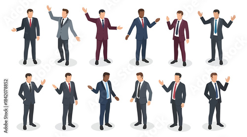 Group of Twelve Isometric Business Men Posing with Open Arms and Gestures: Diverse Collection of Professionals in Suits Presenting Data or Ideas, Ideal for Corporate Concept Visuals in a Clean White S