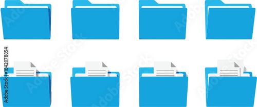 Blue folder icons with documents, file management symbols for organization, storage, data, digital files, paperwork, office workflow, archive, and information systems