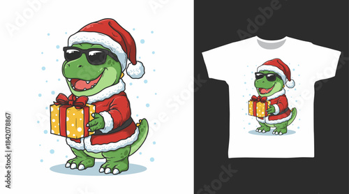 Dinosaur christmas illustration hand drawn, vector ready for print on t-shirt and other uses.