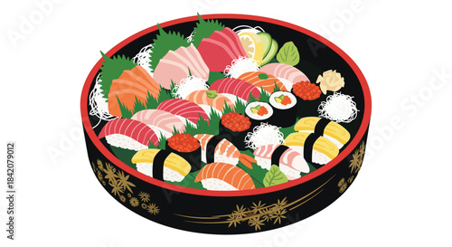 An elaborate sushi and sashimi platter in a traditional black and red lacquered bowl, isolated on a white background.