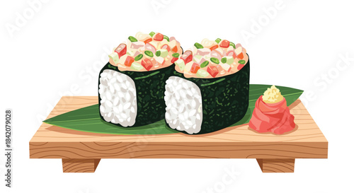 Two pieces of gunkan maki sushi with a chopped seafood topping, served on a wooden geta plate with pickled ginger.