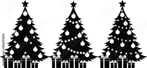 Christmas tree silhouettes with ornaments and gifts, festive holiday decoration icons, winter celebration graphic set for Christmas design projects