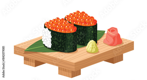 Two pieces of ikura gunkan maki sushi, topped with salmon roe, served on a wooden geta plate with wasabi and ginger.