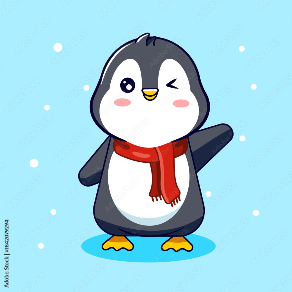 Fototapeta premium Cute Winking Penguin with Red Scarf in Winter Vector Illustration Cartoon Design Kawaii