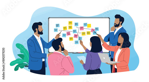 Diverse Team Collaborating on a Strategy Session Using a Whiteboard Covered in Color-Coded Sticky Notes and Connecting Lines: Concept of Agile Project Management, Brainstorming, Idea Mapping, or Creat