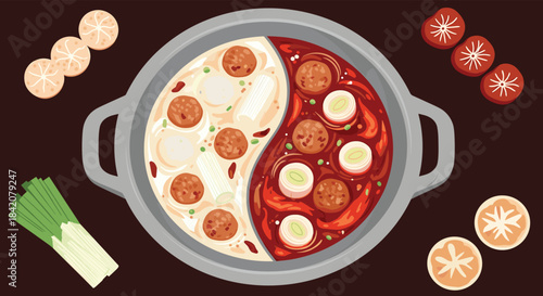 A top-down view of a Chinese hot pot with a yin-yang divider separating spicy and mild broths, with various ingredients.