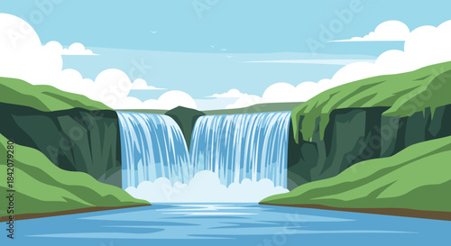 A beautiful pixel art landscape of a wide, powerful waterfall cascading into a river, surrounded by green cliffs and clouds.