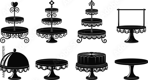 Elegant cake stand silhouettes, vintage dessert display trays, tiered stand icons for bakery, pastry presentation, party decoration, wedding design elements