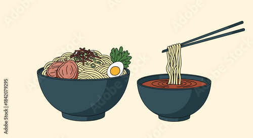 Illustration of Japanese tsukemen, dipping ramen, with a bowl of noodles and toppings next to a separate bowl of broth.