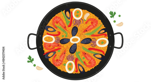 A vibrant Spanish seafood paella in a traditional pan, viewed from above and garnished with parsley and garlic cloves.